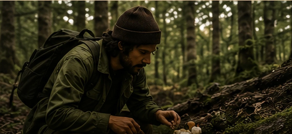 A mushroom forager exploring the forest floor