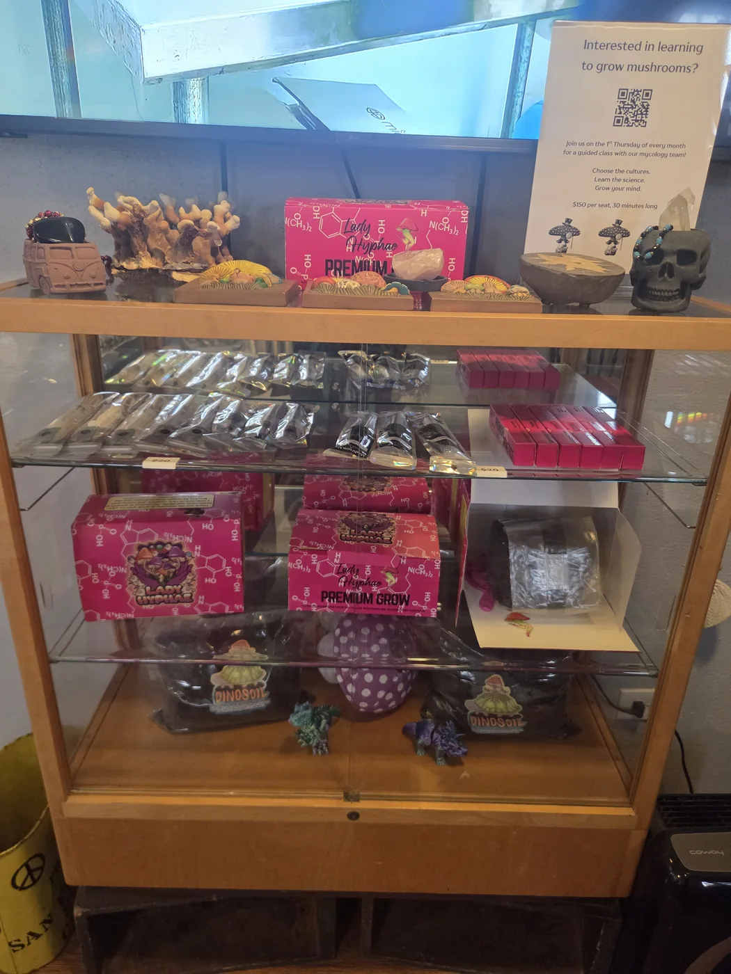 Store merchandise and cabinet inside Denver Myco Market