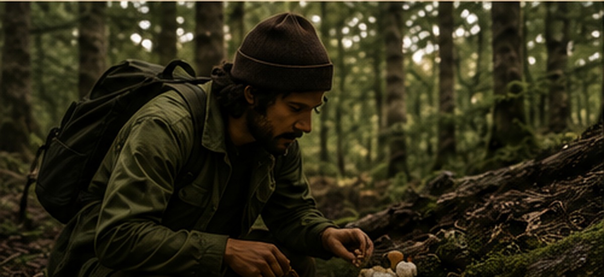Mushroom forager in nature